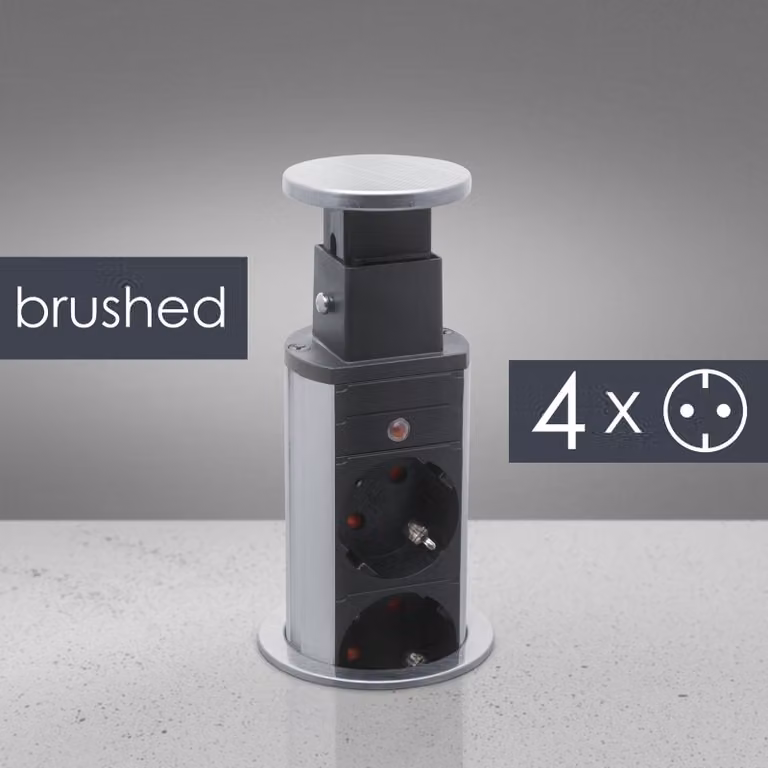 Presa multipla a scomparsa a 4 vie con sicurezza bambini | 3500 W | Cavo da 1,5 m | Argento spazzolato | Per ufficio, cucina e mobili [20431B]