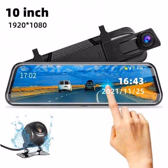 Dashcam da 10 pollici con visione notturna, touchscreen, registrazione in loop e sensore G, telecamera di retromarcia FHD