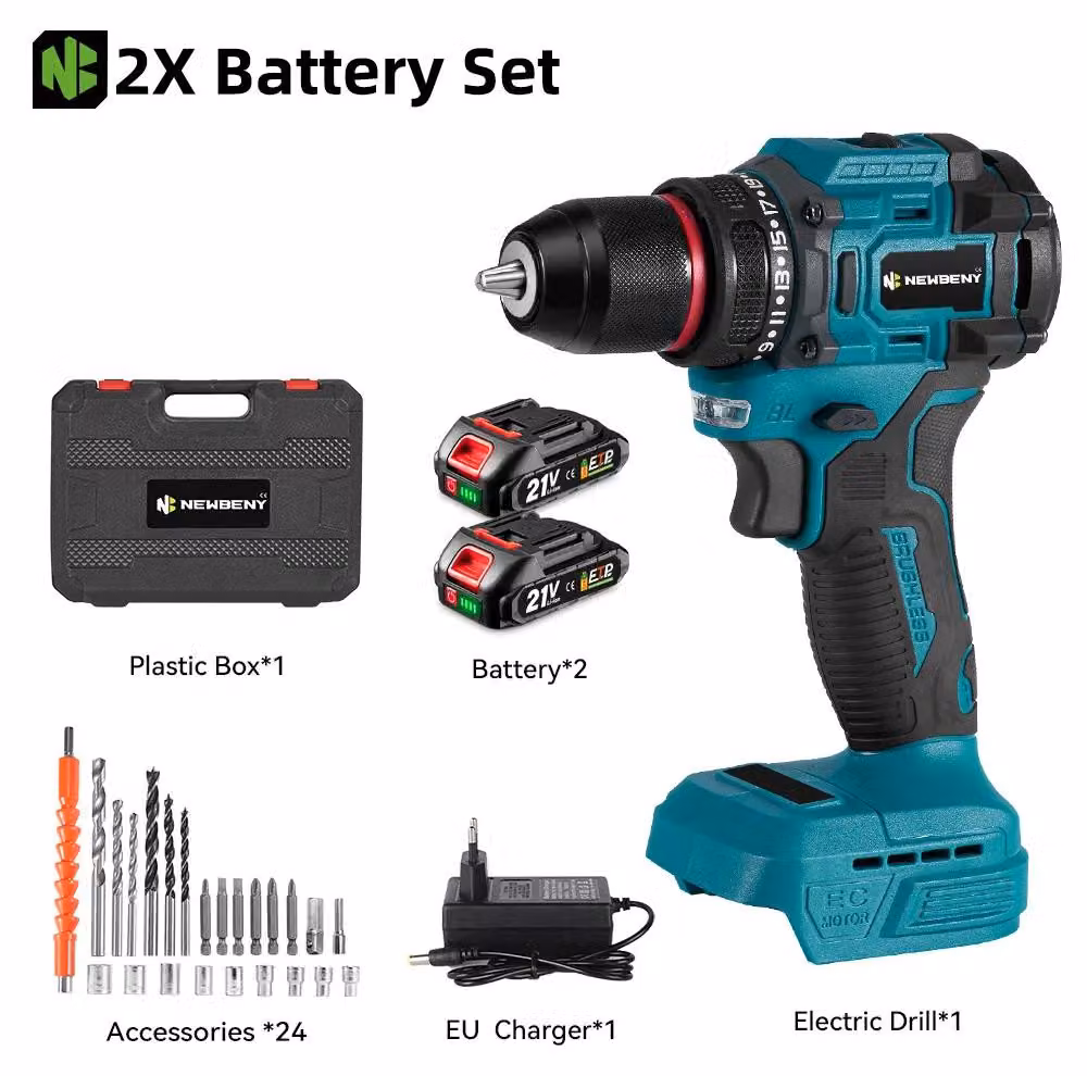 Trapano avvitatore elettrico a batteria - 2 batterie - Motore brushless - Mandrino autoserrante da 10 mm - 21+2 livelli di coppia - 2 velocità