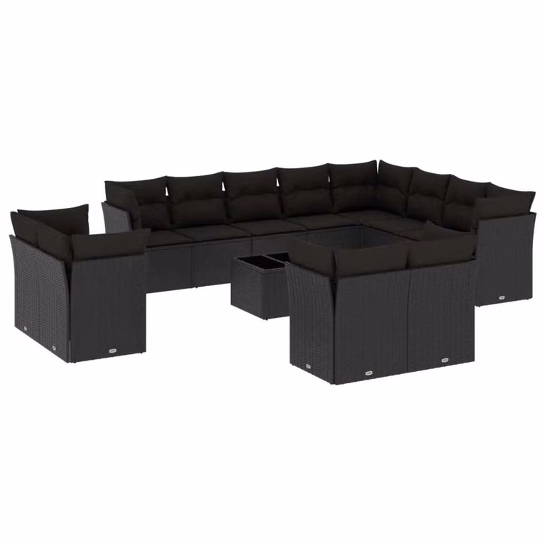 Set Divani da Giardino 13pz con Cuscini Nero in Polyrattan