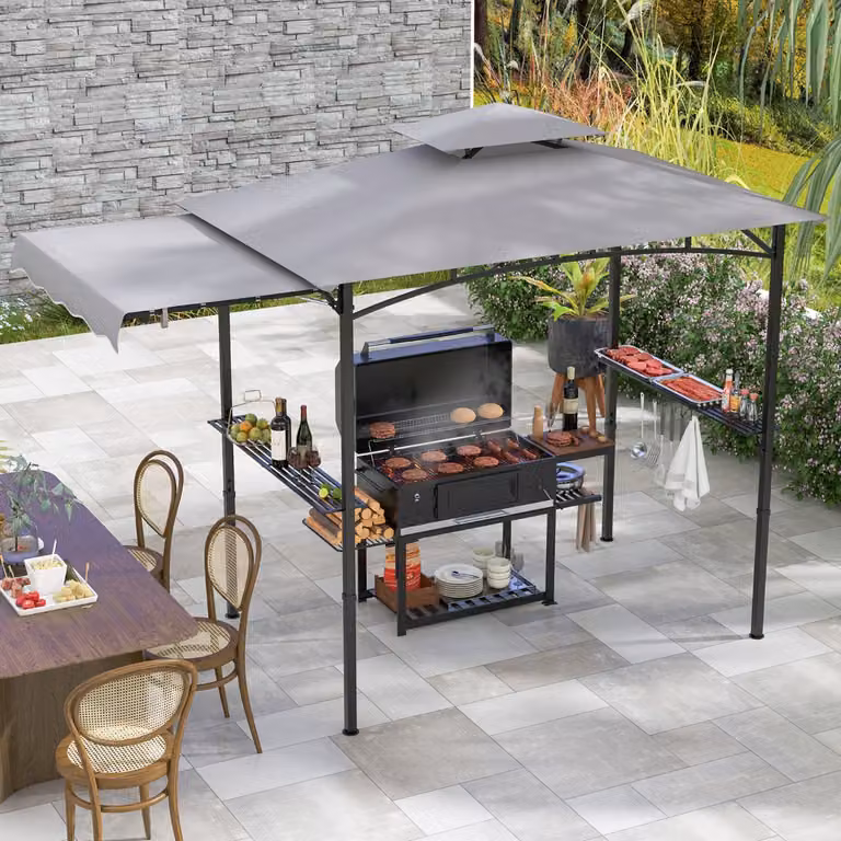 Gazebo per barbecue Costway Grigio con tendalino laterale, tetto a 2 livelli e 2 ripiani laterali, L: 250 cm, P: 203 cm, H: 200 cm