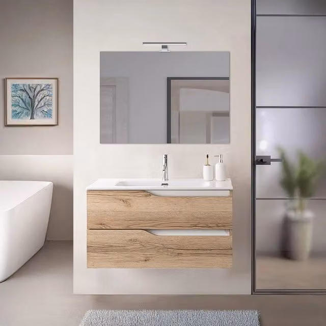 Mobile bagno sospeso Sumya moderno in MDF con lavabo, colore quercia e bianco, L: 100 cm