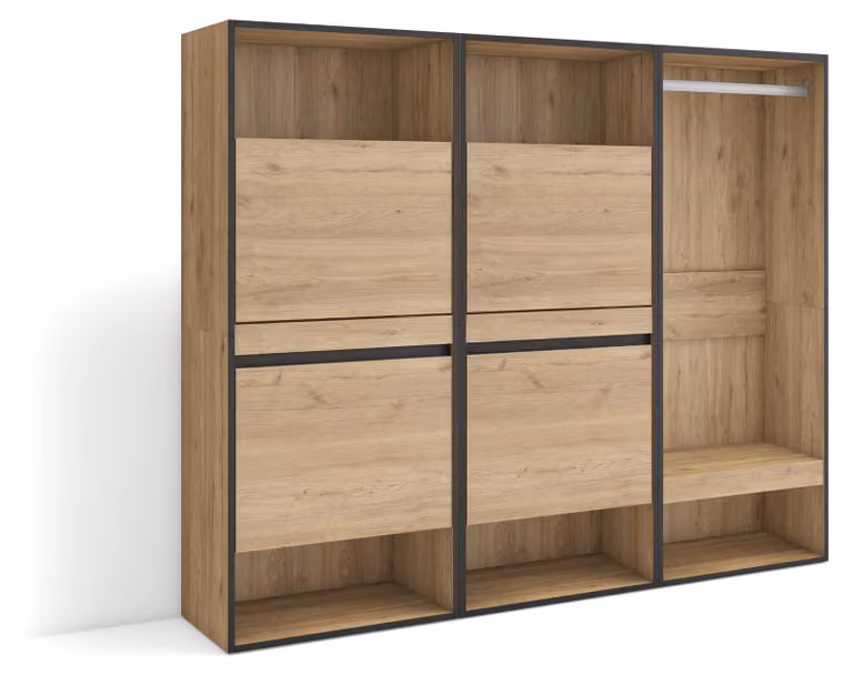 Armadio per scarpe, dimensioni 180x145x35 cm, legno di quercia, con 2 ante a battente e 2 ripiani aperti