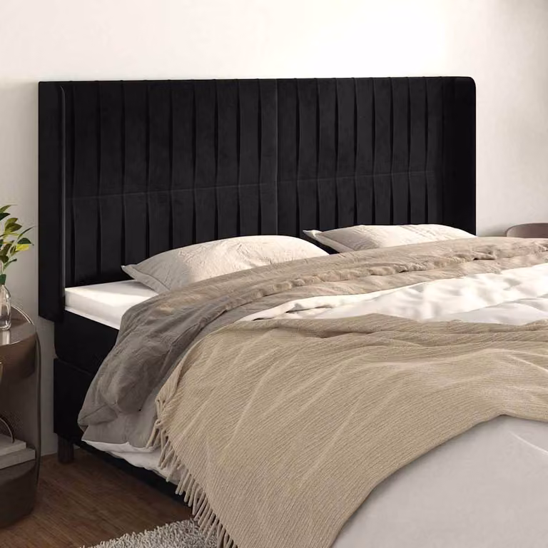 Testiera per letto vidaXL in velluto nero con design ad orecchio, L: 203 cm, P: 16 cm, H: 118/128 cm