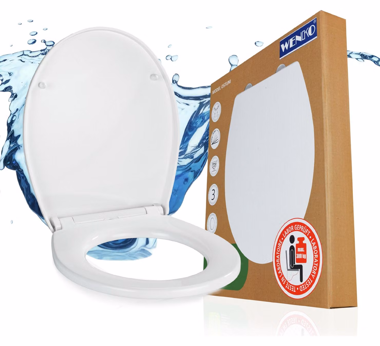 Sedile per WC WENKO Mod. Ostuni, caricabile con 300 kg, in termoplastica riciclabile con meccanismo di chiusura morbida