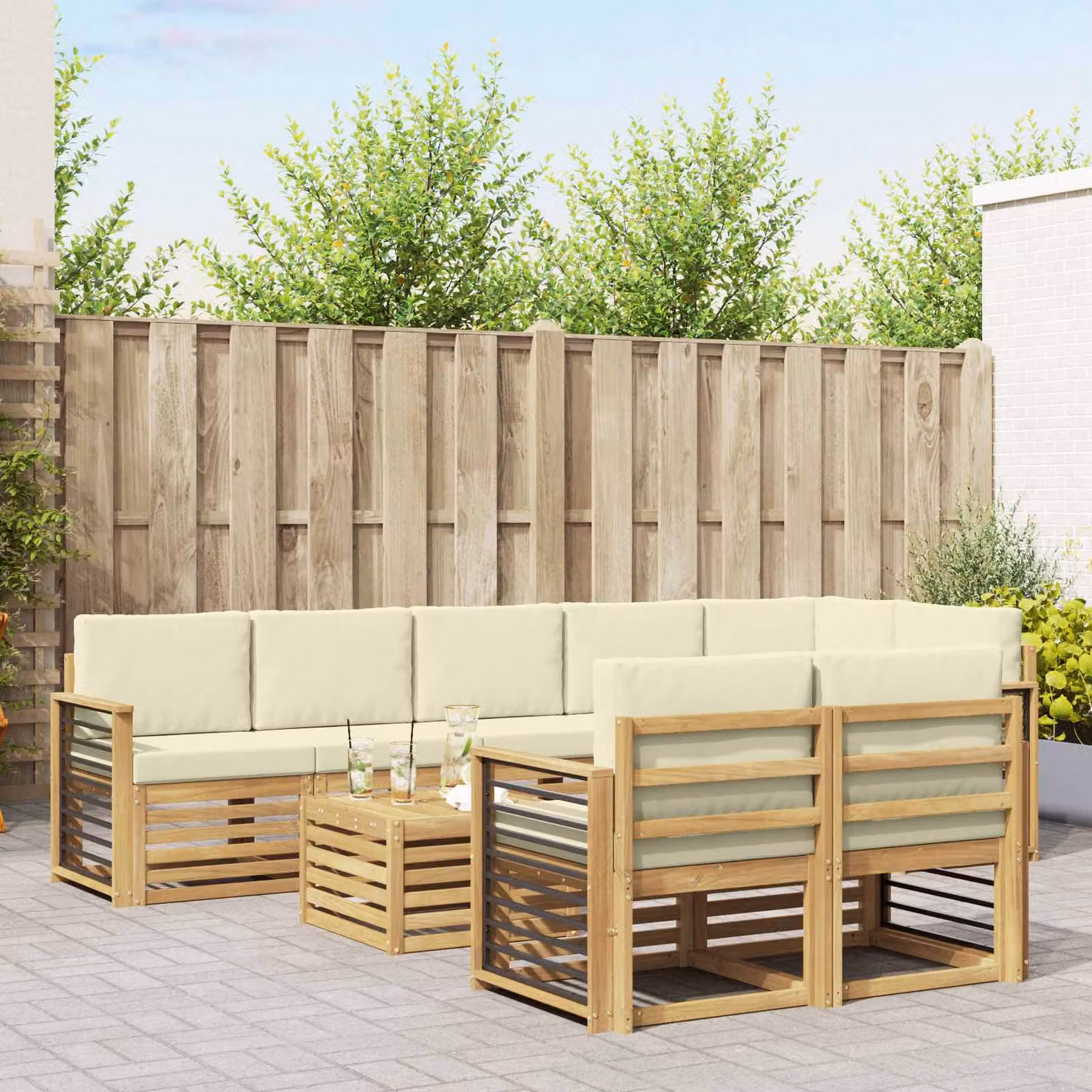 Set di divani ad angolo vidaXL in legno di acacia massello con cuscini, modello moderno per giardino e terrazzo, lato sinistro