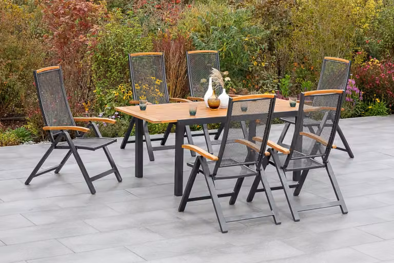 Set di mobili da giardino Merxx Tilos, 7 pezzi, 6 sedie pieghevoli, tavolo allungabile 150 (200) x 90 cm – Alluminio/Acacia