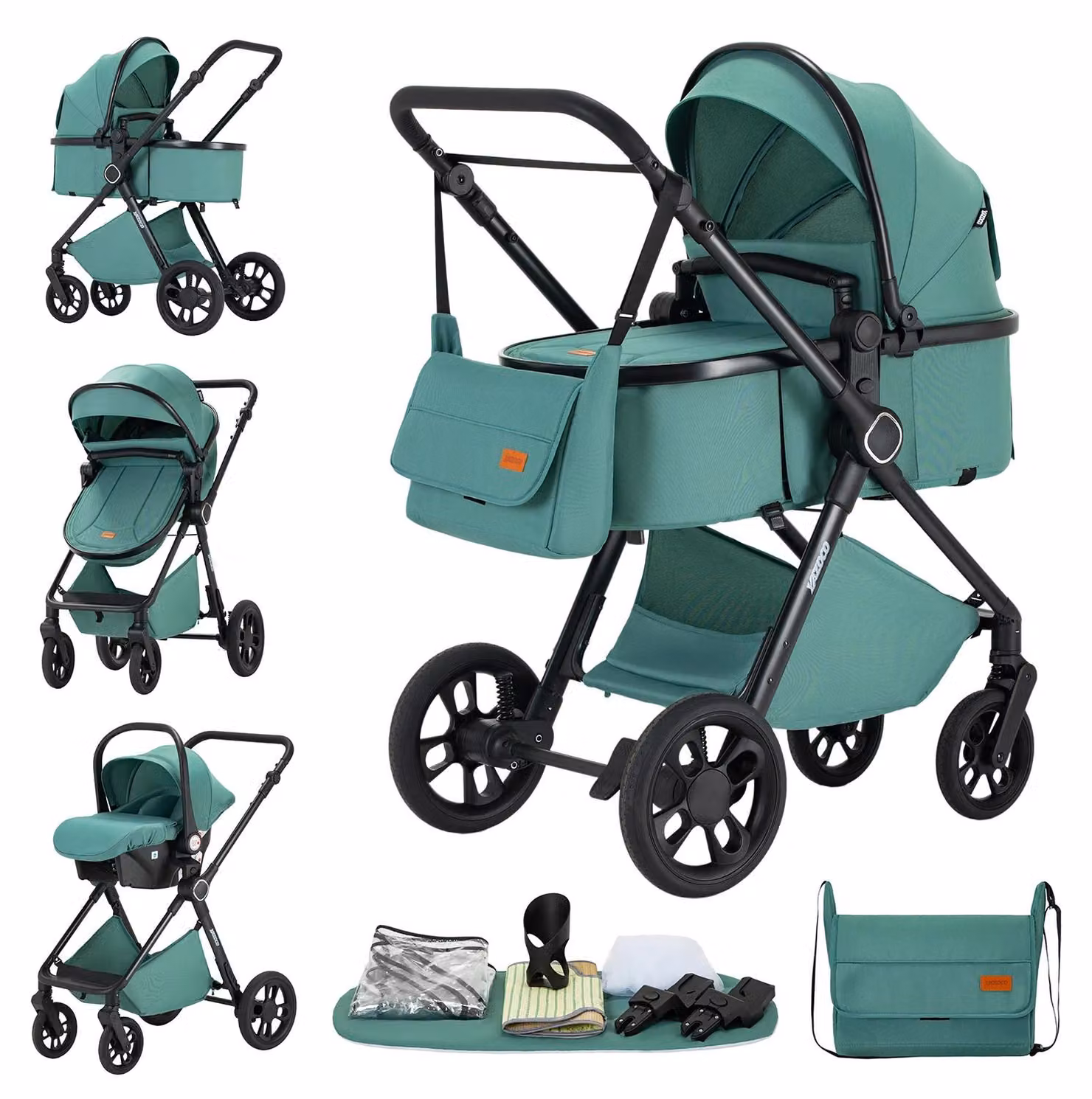 Carrozzina trasformabile 3 in 1, design leggero, colore verde