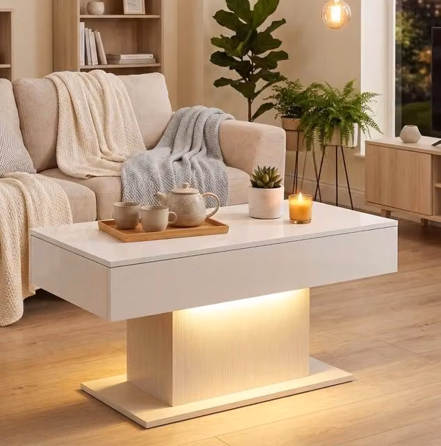 Tavolino da caffè bianco lucido con LED RGB, 2 cassetti senza maniglia e telecomando USB