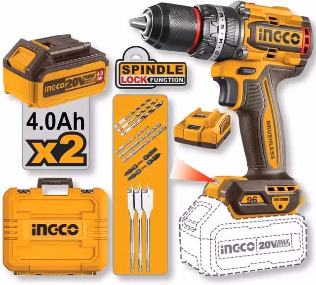 Trapano a percussione Ingco 20V Compact Brushless 96N.m con 2 batterie da 4Ah e caricabatterie, colore giallo