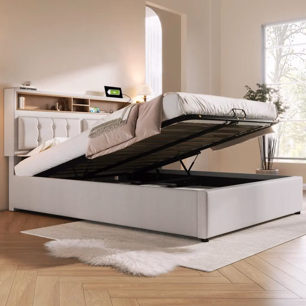 Letto Contenitore REDOM in Lino Beige con Testiera Regolabile, Porta USB e Ripiano Laterale, L/P/H: 140 x 200 x 143 cm – 2