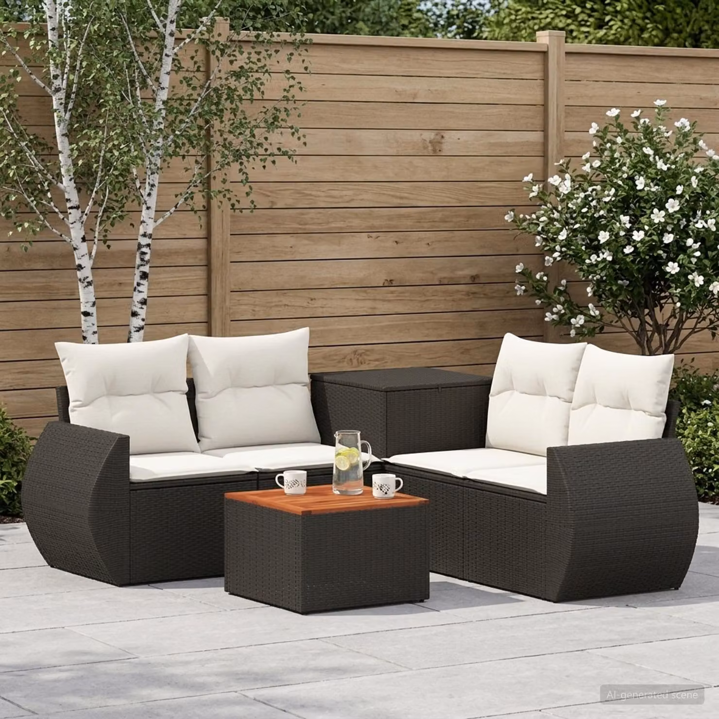 Set di divani da giardino vidaXL a forma di U composto da 6 pezzi con struttura in acciaio verniciato e cuscini inclusi, colori nero e bianco crema
