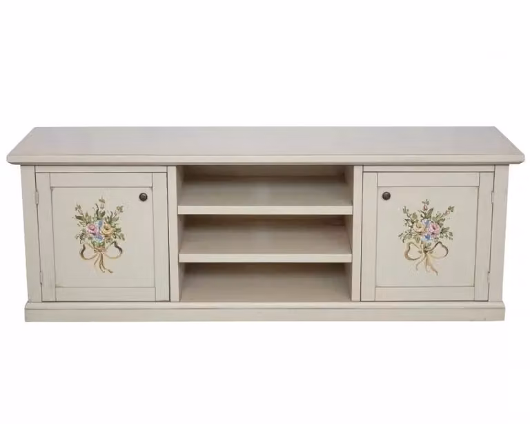 Porta TV Mobili 2G in legno con 2 ante in stile shabby chic bianco e decori floreali L: 160 cm, P: 46 cm, H: 56 cm