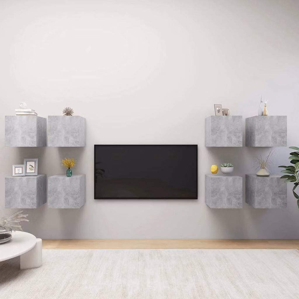 Set di 8 mobili porta TV da parete vidaXL in stile moderno, colore grigio cemento, L/P/H: 30,5 x 30 x 30 cm