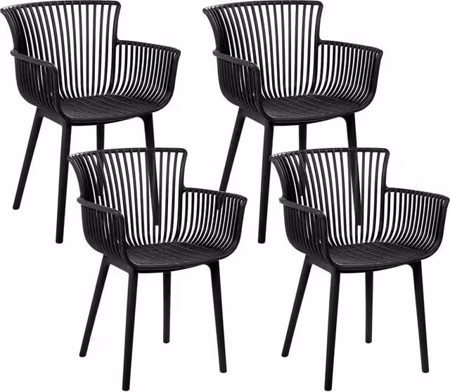 Set di 4 sedie da pranzo Beliani in plastica nera opaca con braccioli, stile minimalista, per interni ed esterni