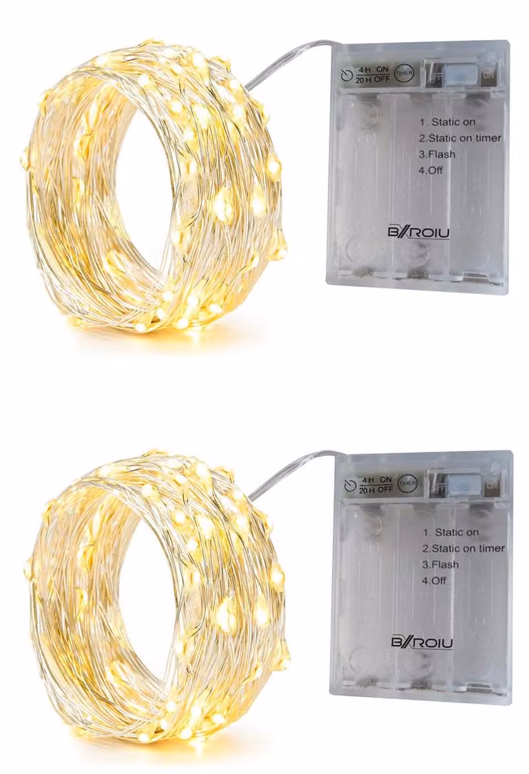 Set di 2 catene luminose, 50 micro LED, 5 metri, luce bianco caldo, con timer