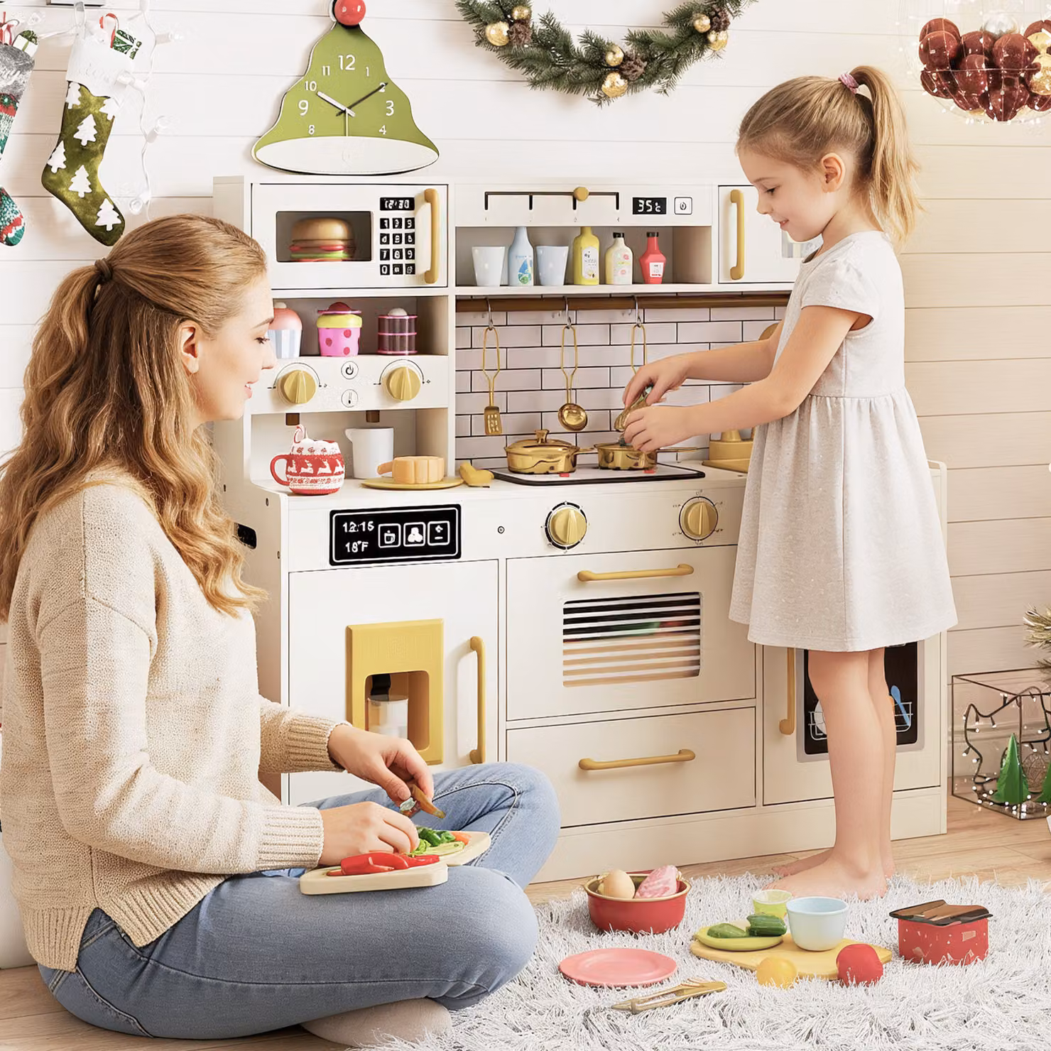 Set cucina giocattolo in legno Costway bianco con fornelli, luci, suoni, microonde, cappa, forno e lavastoviglie per bambini dai 3 anni in su