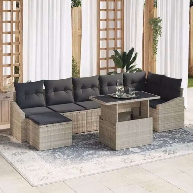 Set Divano da Giardino 8 Pezzi vidaXL Grigio con Tavolino e Pouf in Metallo e Rattan