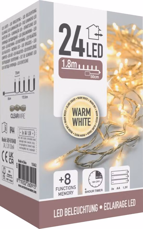 Catena luminosa a LED, 24 LED, luce bianco caldo, cavo trasparente, alimentazione a batteria, adatta per interni ed esterni, lunghezza 2,3 metri