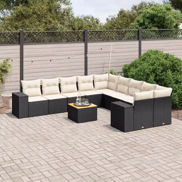 Set di divani da giardino a forma di U vidaXL in polyrattan nero con cuscini e tavolino da esterno 11 pezzi