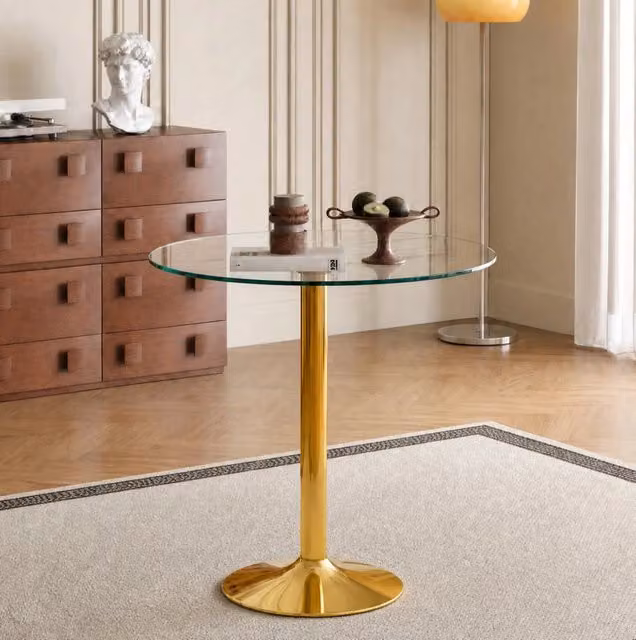 Tavolo bar rotondo in vetro trasparente e metallo oro Ø89x92 cm
