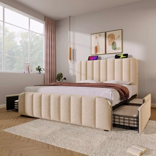 Letto matrimoniale imbottito WISHDOR beige con 4 cassetti e porta USB Tipo-C, L/P/H: 160 x 200 x 101 cm