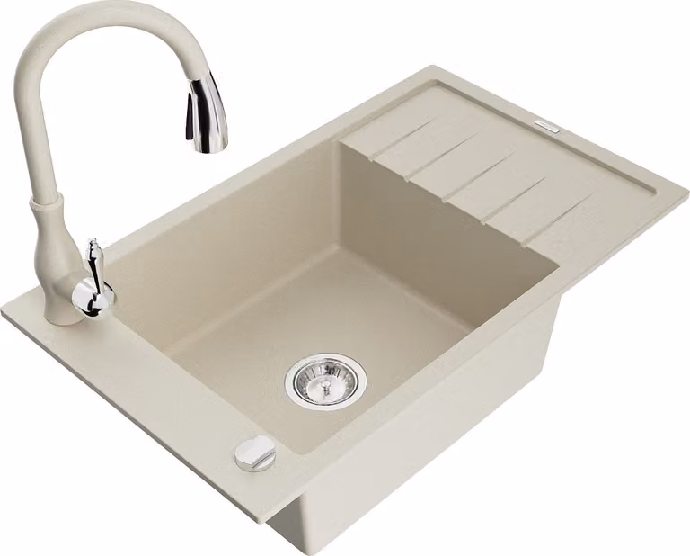 Mexen Elias lavello in granito 1-vasca con scolapiatti e miscelatore cucina Savita, beige - 6511-69-672601-69