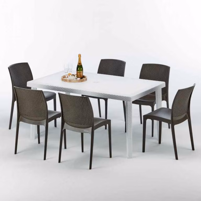 Tavolo rettangolare bianco e 6 sedie Set di bastoni da esterno in polipropilene colorato Grand Soleil Boheme Summerlife - Marrone