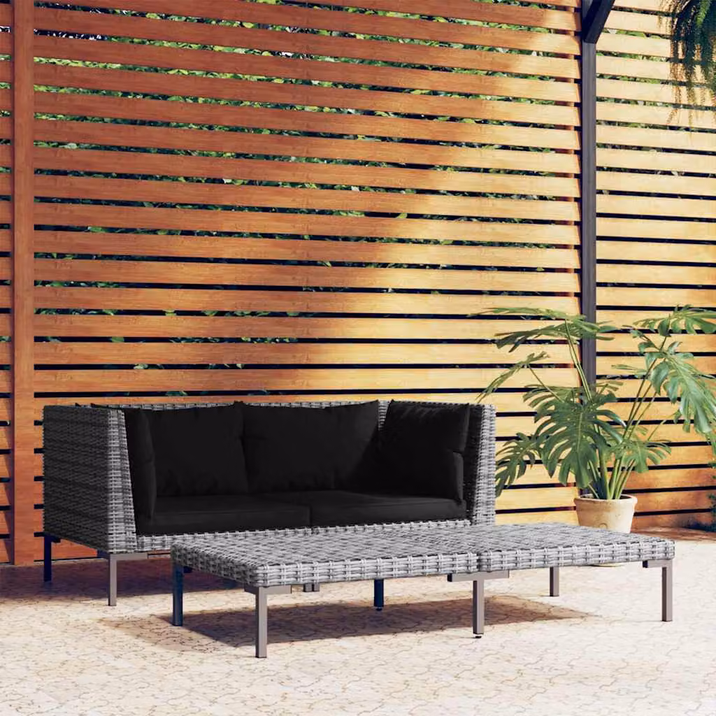 Set Divani da Giardino vidaXL 3 Pezzi a Forma a L con Tavolino, Polyrattan e Cuscini Imbottiti, Grigio e Nero