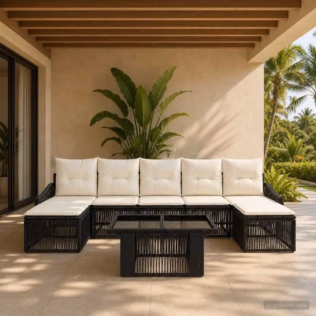 Set Divano da Giardino 8 pz Nero e Bianco Crema polyrattan 3437290