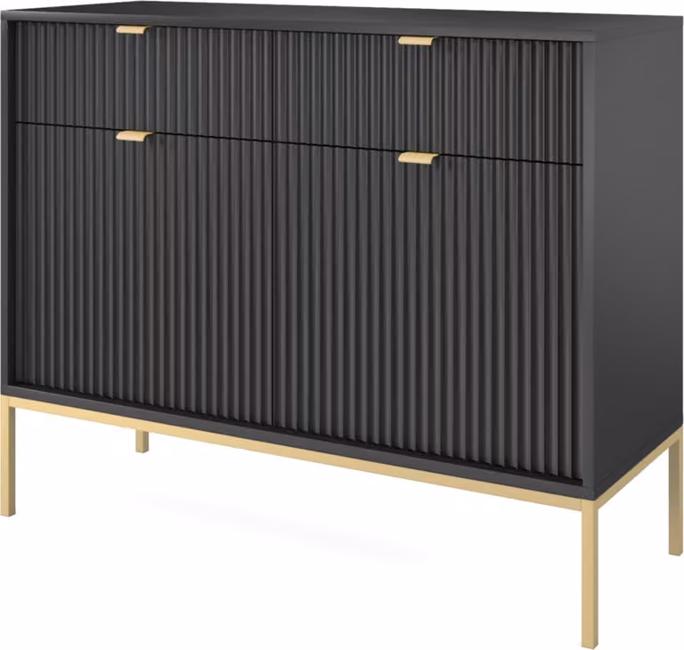Cassettiera: 2 cassetti, 2 ante, nero, oro, 104 x 83 x 39 cm, maniglie dorate