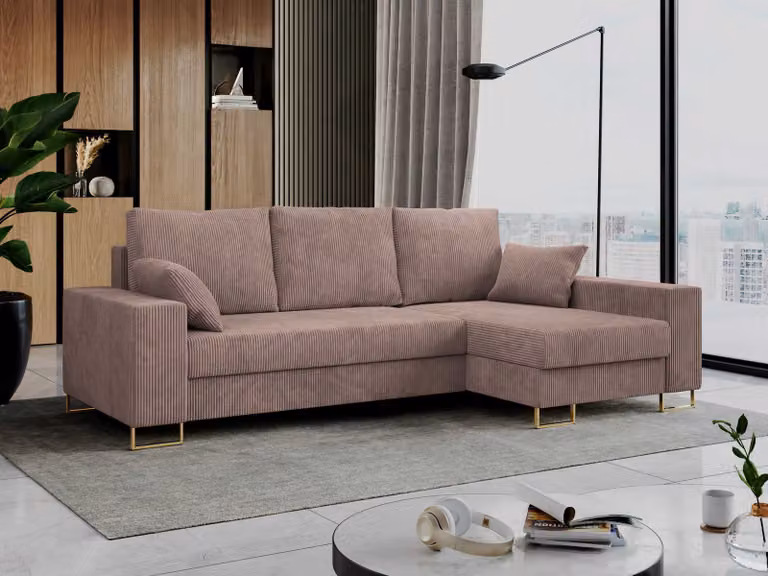 Divano ad angolo, divano letto, divano a L con base letto - DORIAN-L - Rosa