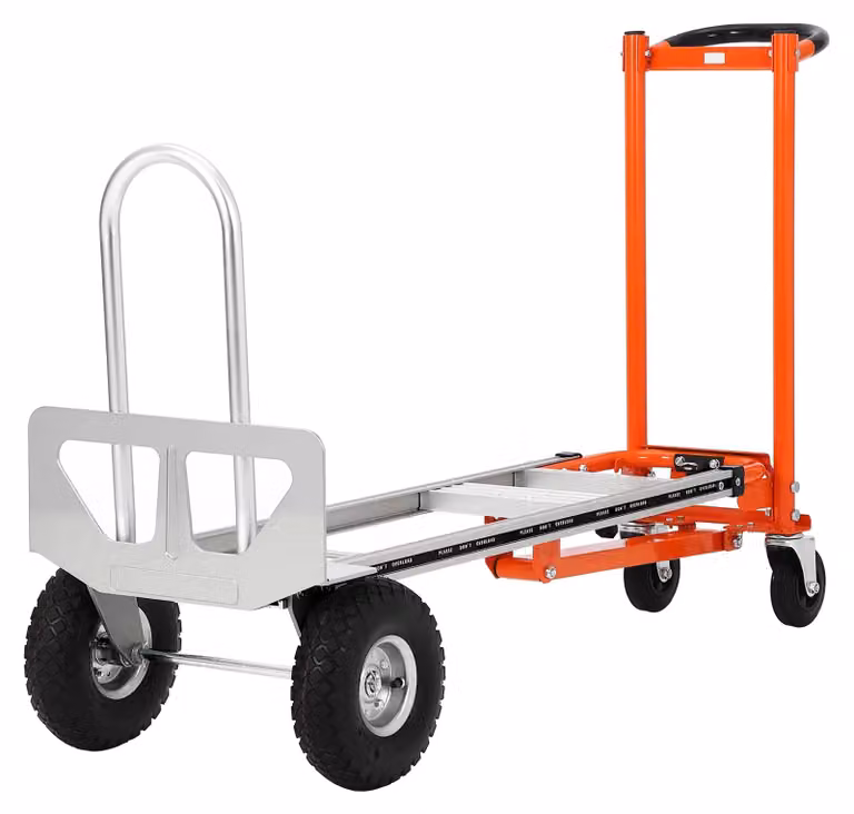 Carrello pieghevole a sacco – Carrello multifunzione 3-in-1 – Scala per scale – Ruote resistenti alle forature – Capacità di carico: 340 kg – Realizzato in lega di alluminio – Colore: arancione e argento