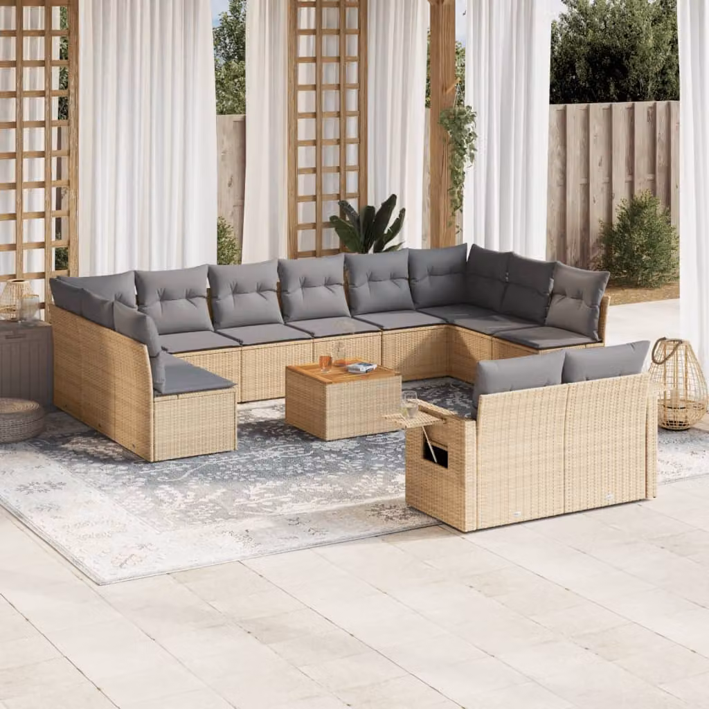 vidaXL Set Divano da Giardino 13 pz in Polyrattan con Cuscini Beige e Tavolino da Esterno – 1