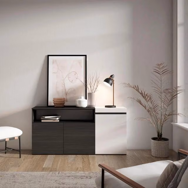 Credenza, Mobile, 150x35x75cm, 3 Porte, grande stoccaggio, Bianco e nero RF2500