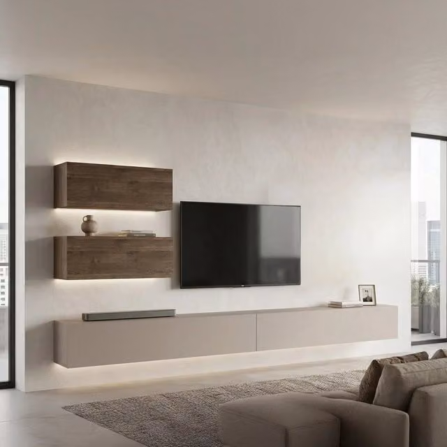 Parete Attrezzata Mobile Soggiorno Suisio DMORA, Design Moderno con 4 Ripiani e Ante a Battente, Beige e Marrone
