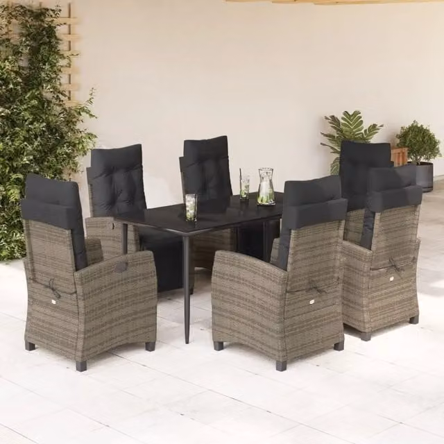 Set da Pranzo da Giardino VIDAXL 7 Pezzi in Polyrattan Grigio e Nero con Piano in Vetro