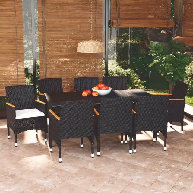 Set Pranzo da Giardino 9 pz con Cuscini in Polyrattan Nero 3095020