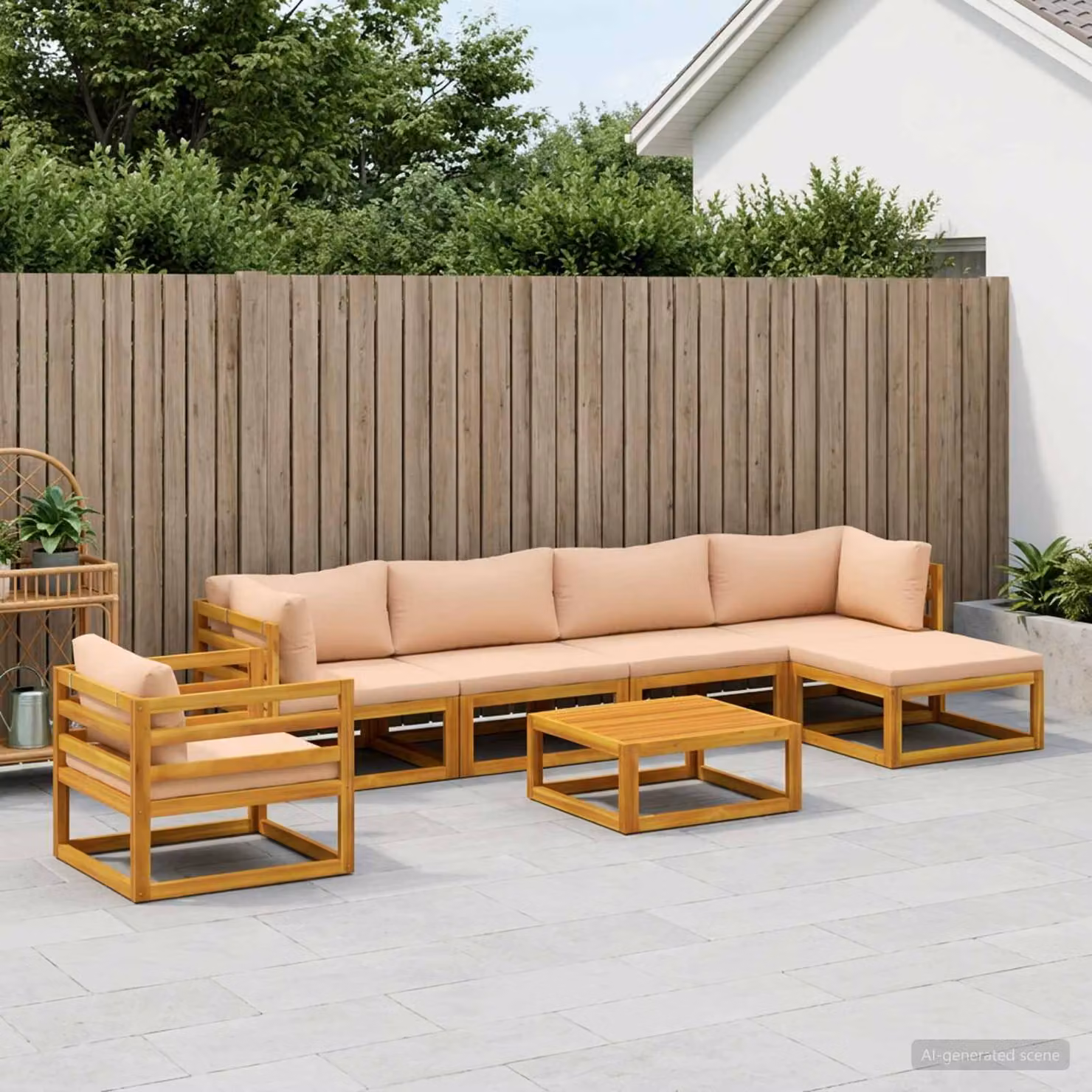 Set di divani da giardino vidaXL in legno di acacia massello con 7 pezzi, colore marrone e beige, con cuscini inclusi e tavolino da esterno