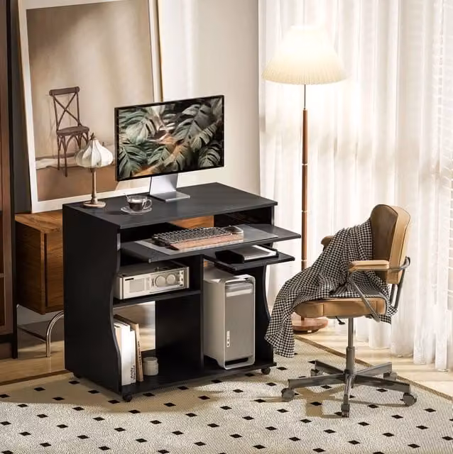 Scrivania PC nera con ruote e ripiano tastiera 80x48x75 cm