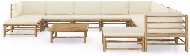 Set Salotto da Giardino vidaXL in Bambù con Cuscini Bianco e Beige 11 Pezzi