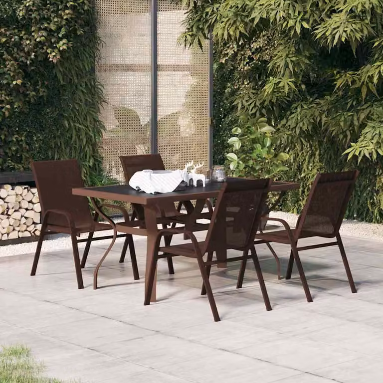 Set da pranzo da giardino vidaXL 5 pezzi in metallo e vetro marrone e nero