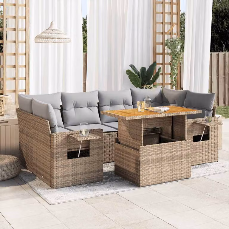 Set di divani da giardino vidaXL 7 pezzi con cuscini beige e tavolino da esterno in rattan e legno di acacia