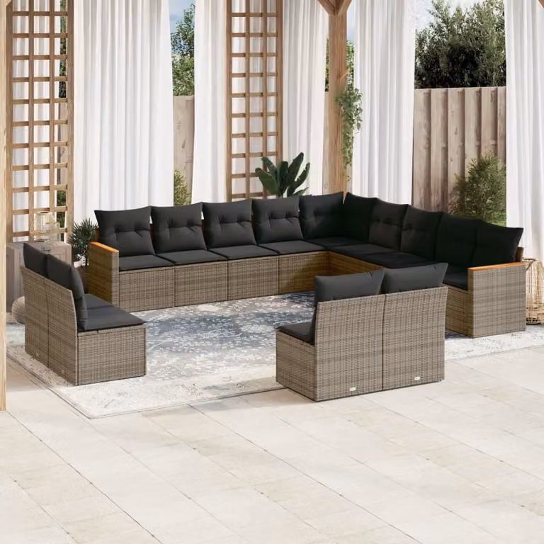 vidaXL Set di Divani da Giardino a L 13 pz in Polyrattan Grigio con Cuscini e Copertura Inclusa
