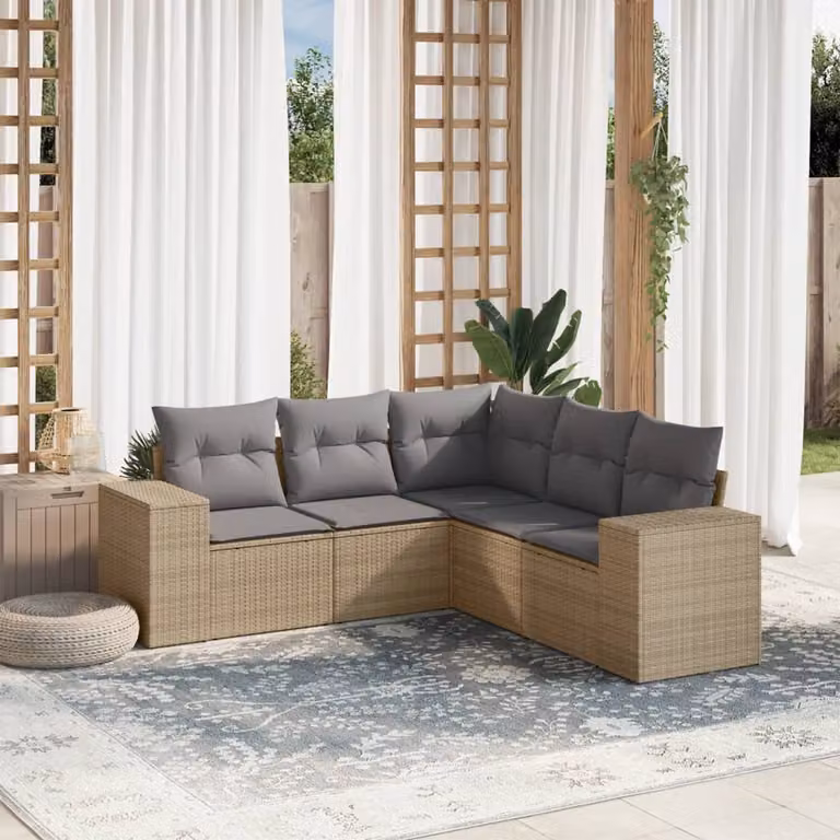 vidaXL Set Divano da Giardino a L 5 pz in Polyrattan con Cuscini Beige e Struttura in Acciaio