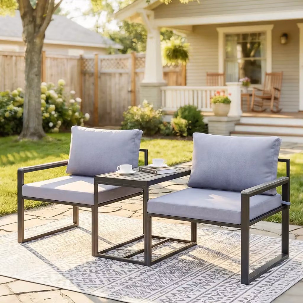 Set da esterno Giordanoshop composto da tavolo rettangolare e 2 sedie con seduta in texteline e cuscini, colore grigio e nero – 2