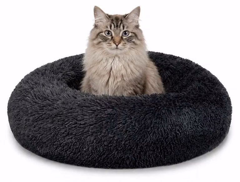 lionto Cuscino per gatti Donut, letto rotondo con rivestimento in peluche e base antiscivolo, bordo rialzato per la sicurezza, diametro 50 cm, grigio scuro