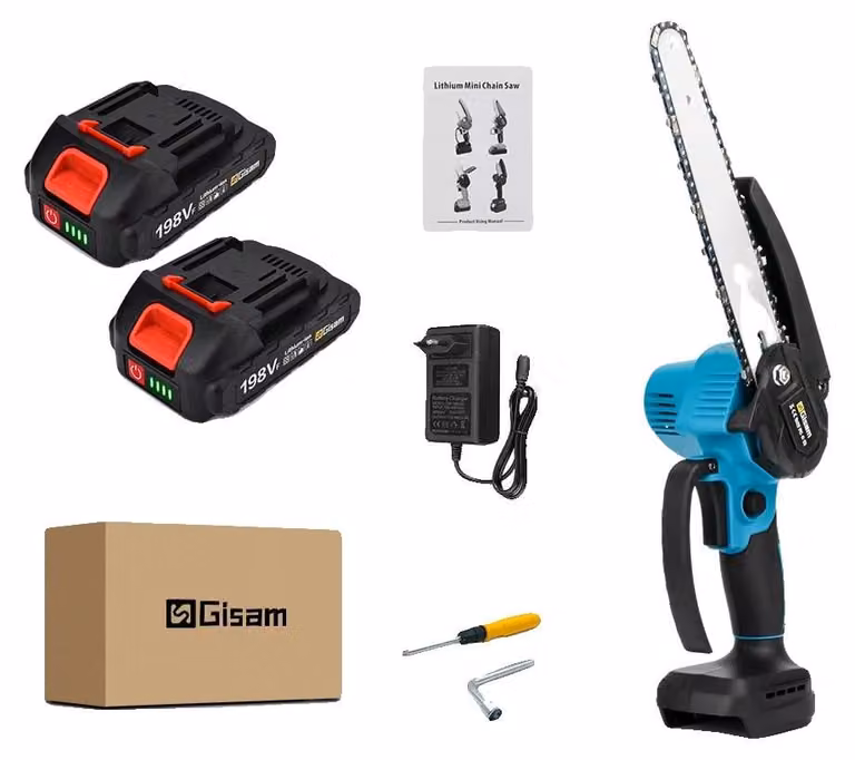 Troncatrice a catena elettrica, motore brushless, funzionamento a batteria, set con 2 batterie