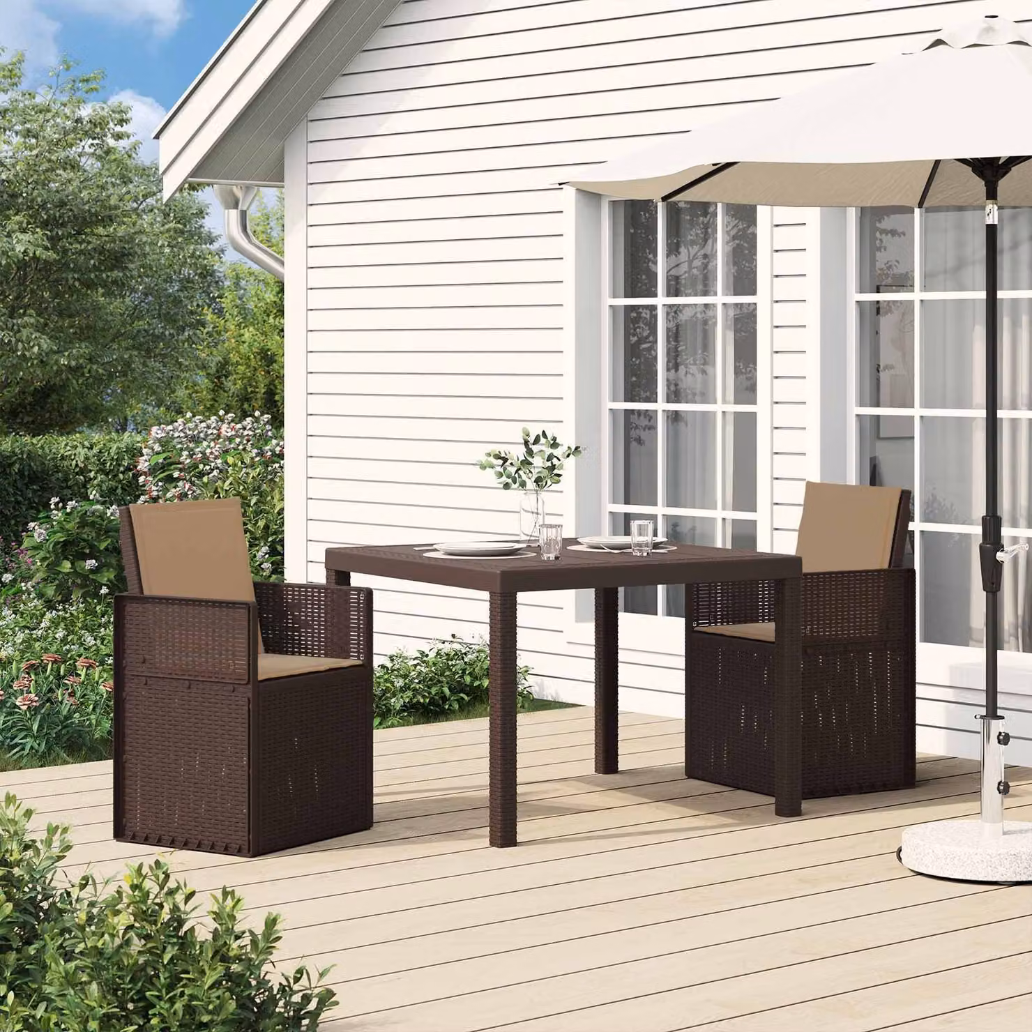 Set da pranzo per giardino e terrazzo vidaXL in 3 pezzi marrone e beige in plastica e rattan sintetico