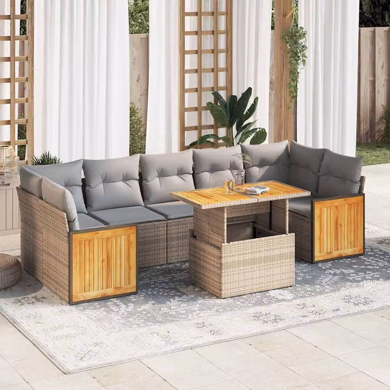 Set Divano da Giardino vidaXL 8 Pezzi a Forma di L in Polyrattan con Cuscini Beige e Tavolino da Esterno
